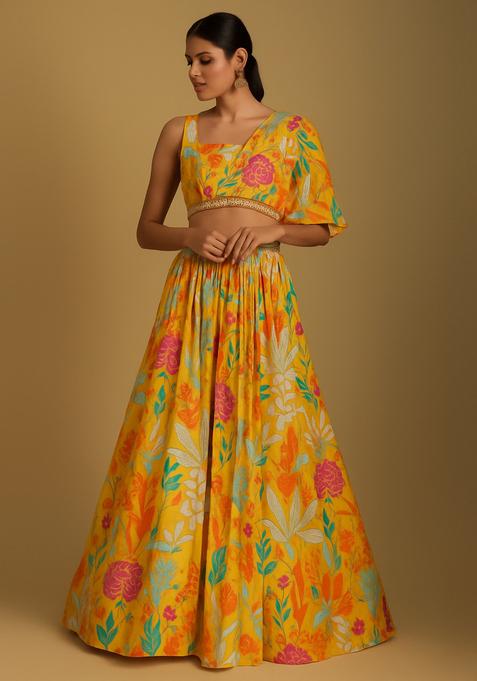 Yellow Printed Chiffon Lehenga Set