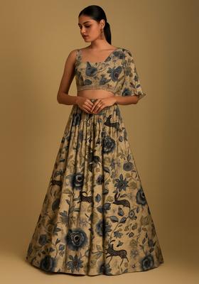 Beige Printed Chiffon Lehenga Set