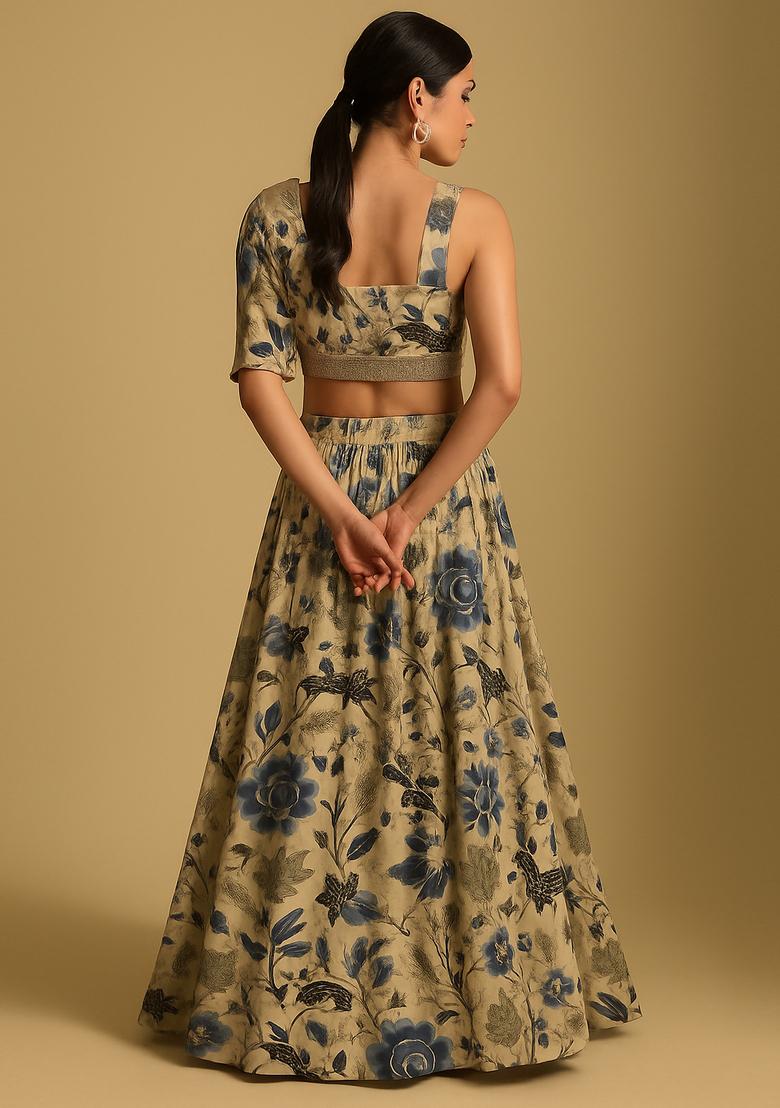 Beige Printed Chiffon Lehenga Set - Indya