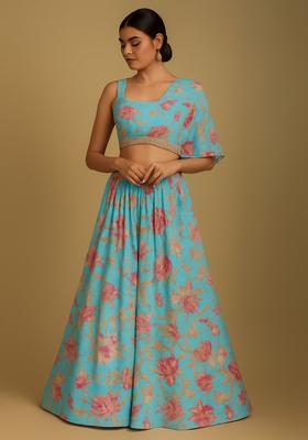 Sky Blue Printed Chiffon Lehenga Set