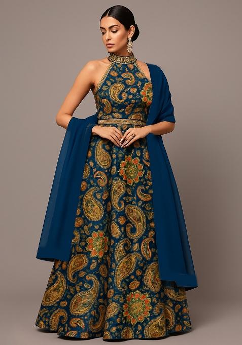 Blue Printed Satin Lehenga Set