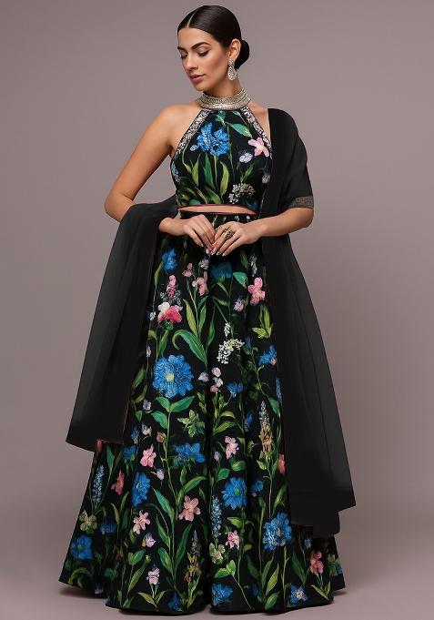 Black Printed Satin Lehenga Set