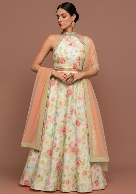 Multicolor Printed Satin Lehenga Set