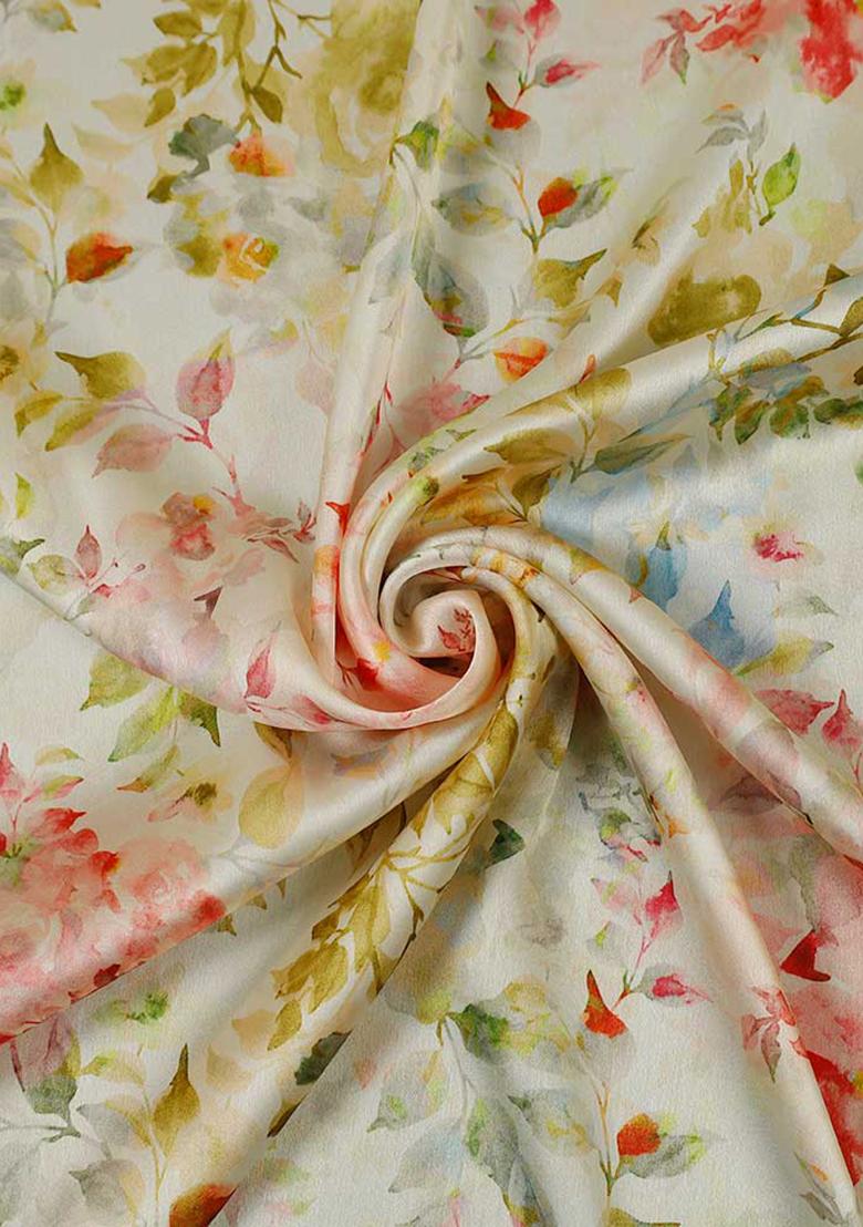 Cream Printed Satin Lehenga Set