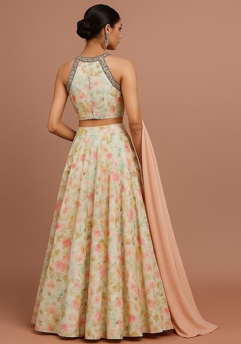 Cream Printed Satin Lehenga Set