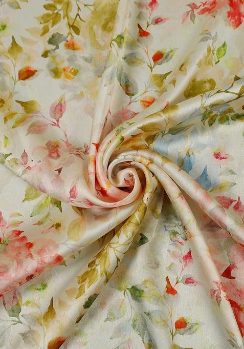 Cream Printed Satin Lehenga Set