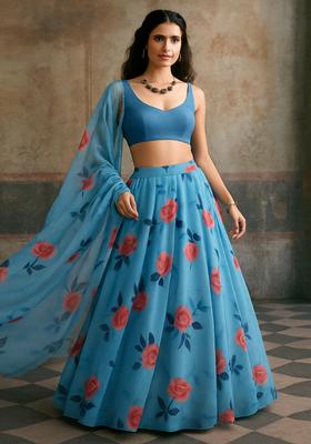 Blue Printed Organza Lehenga Set