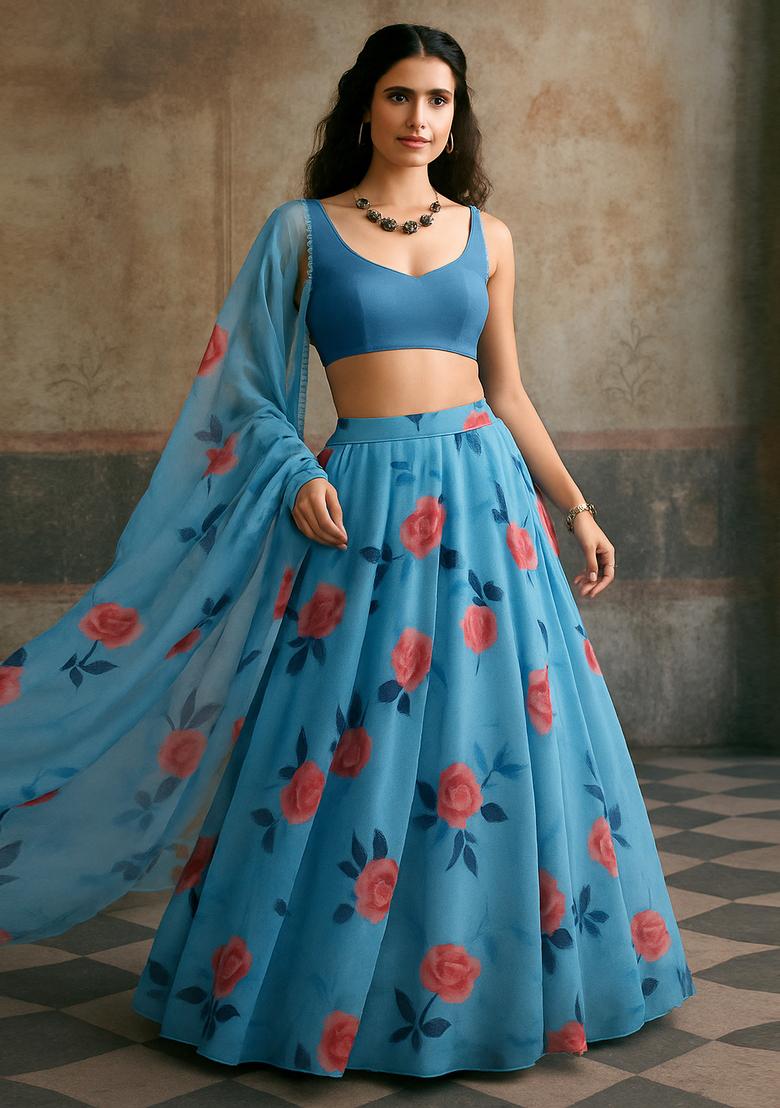 Blue Printed Organza Lehenga Set