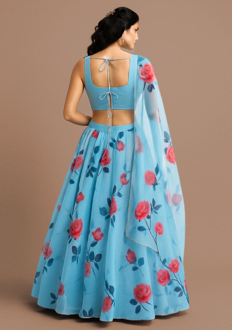 Blue Printed Organza Lehenga Set