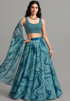 Light Blue Printed Organza Lehenga Set