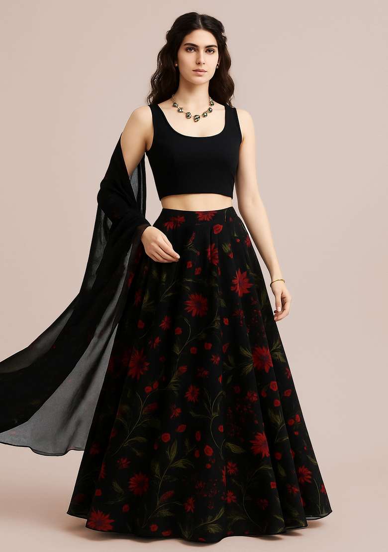 Black Printed Organza Lehenga Set - Indya