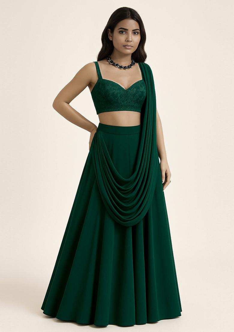 Green Embroidered Blouse Georgette Lehenga Set