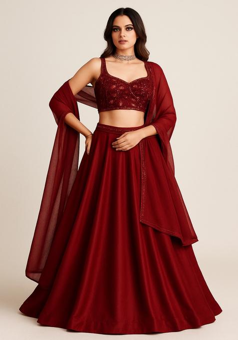 Maroon Embellished Blouse Georgette Lehenga Set