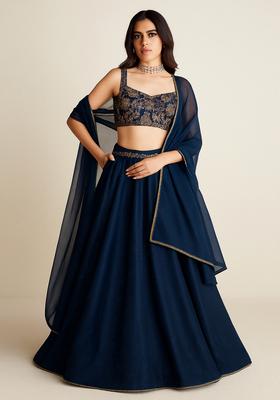 Blue Embellished Blouse Georgette Lehenga Set