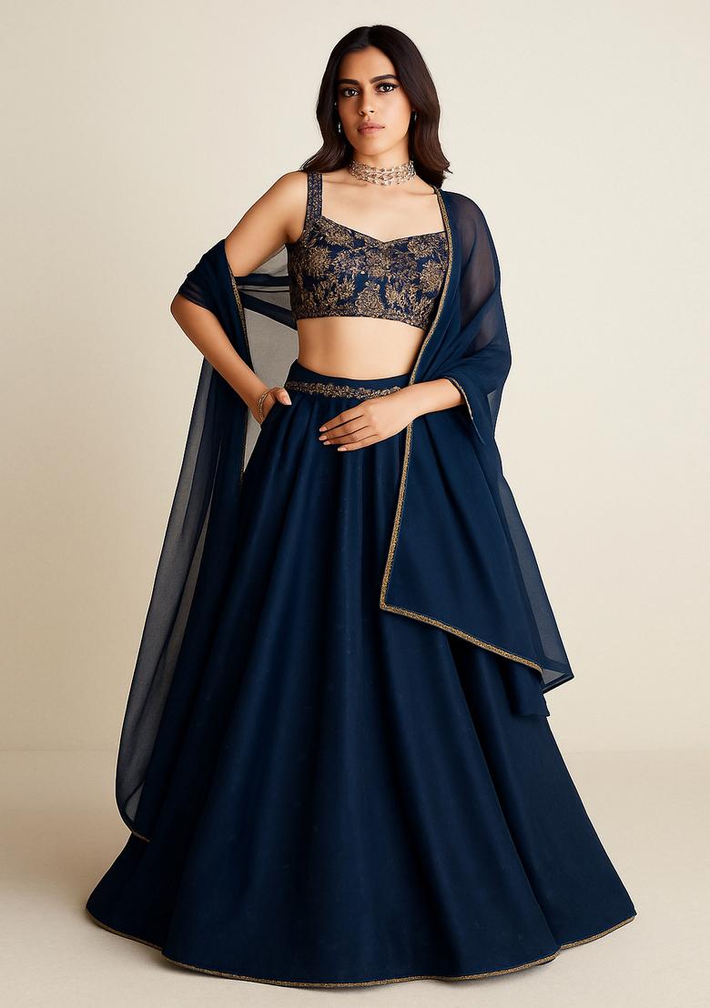 Blue Embellished Blouse Georgette Lehenga Set