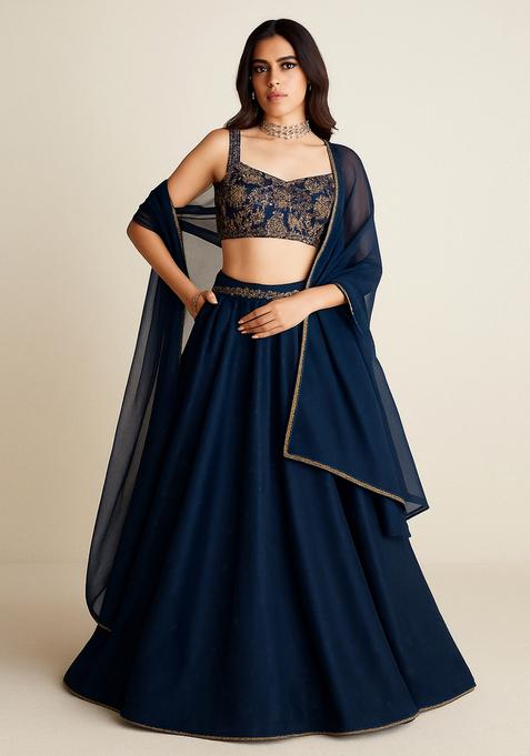 Blue Embellished Blouse Georgette Lehenga Set