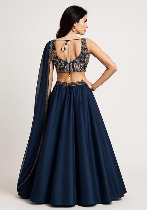 Blue Embellished Blouse Georgette Lehenga Set