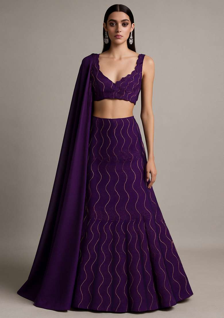 Purple Embellished Organza Lehenga Set - Indya