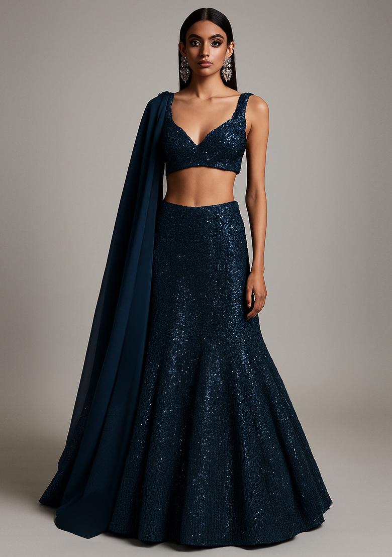 Blue Embellished Net Lehenga Set