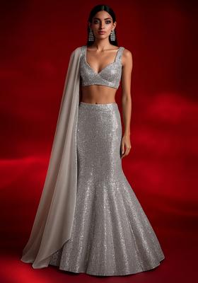Silver Embellished Net Lehenga Set