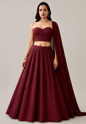 Wine Red Embroidered Net Lehenga Set
