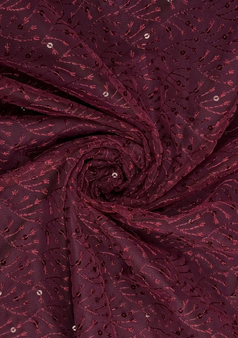 Wine Red Embroidered Net Lehenga Set
