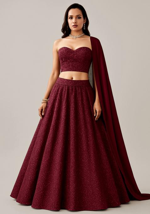 Wine Red Embroidered Net Lehenga Set