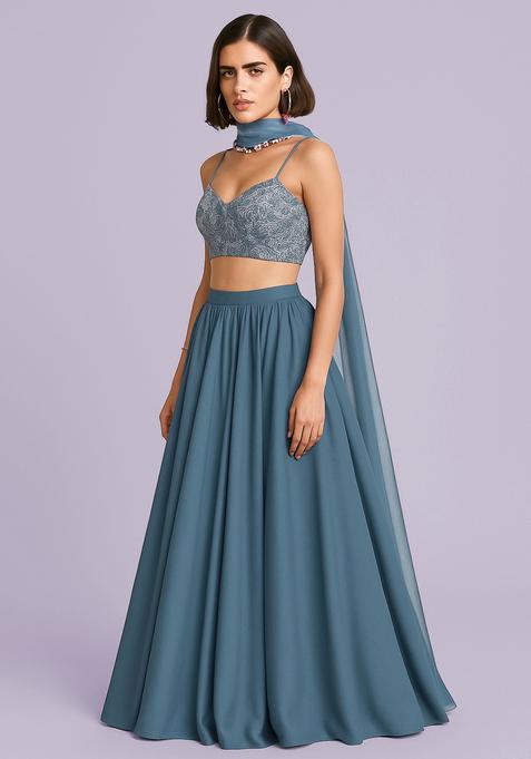 Light Blue Embroidered Blouse Georgette Lehenga Set