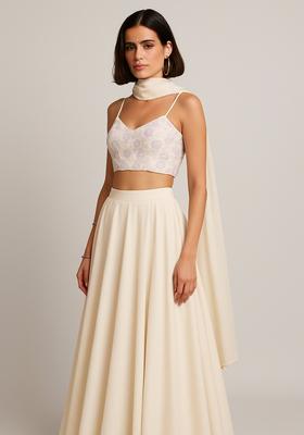 Cream Embroidered Blouse Georgette Lehenga Set