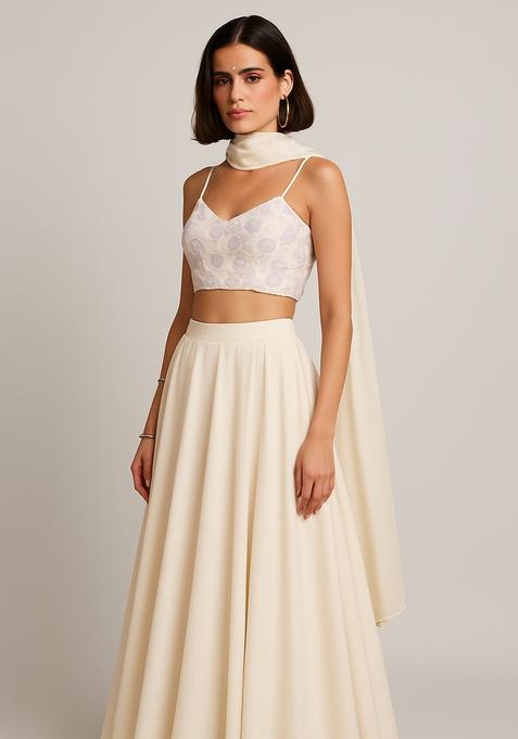 Cream Embroidered Blouse Georgette Lehenga Set