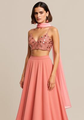 Pink Embroidered Blouse Georgette Lehenga Set