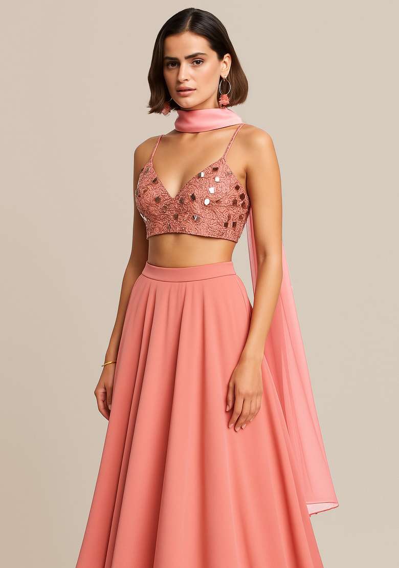 Pink Embroidered Blouse Georgette Lehenga Set for Diwali and Festive Wear - Indya