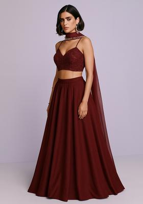 Maroon Embellished Blouse Georgette Lehenga Set