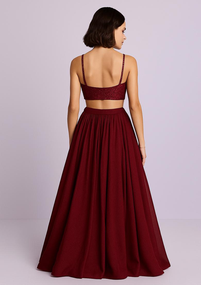 Maroon Embellished Blouse Georgette Lehenga Set