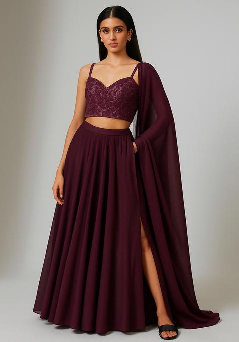 Purple Embellished Blouse Georgette Lehenga Set