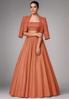 Peach Embellished Blouse Georgette Lehenga Set