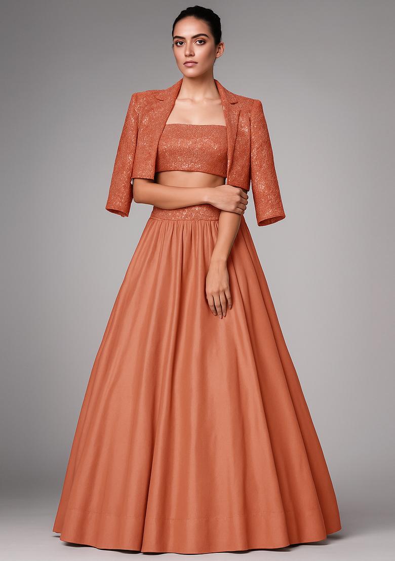 Peach Embellished Blouse Georgette Lehenga Set