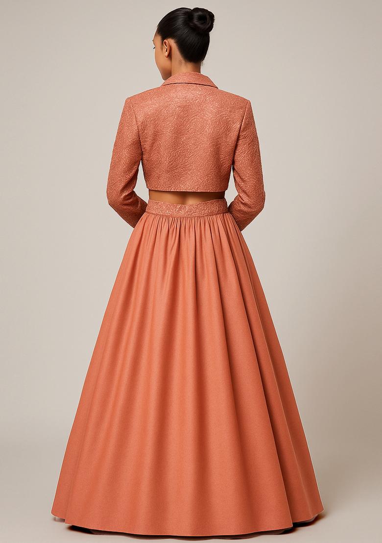 Peach Embellished Blouse Georgette Lehenga Set