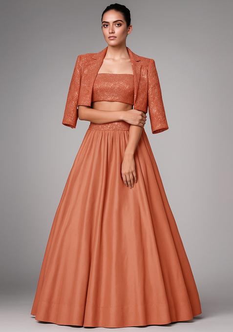 Peach Embellished Blouse Georgette Lehenga Set