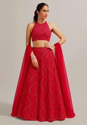 Red Embroidered Blouse Georgette Lehenga Set