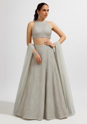 Cream Embroidered Net Lehenga Set