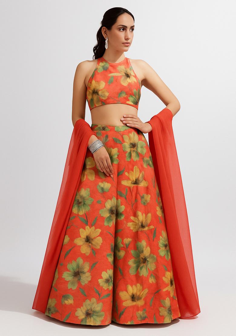 Orange Printed Tissue Shimmer Lehenga Set