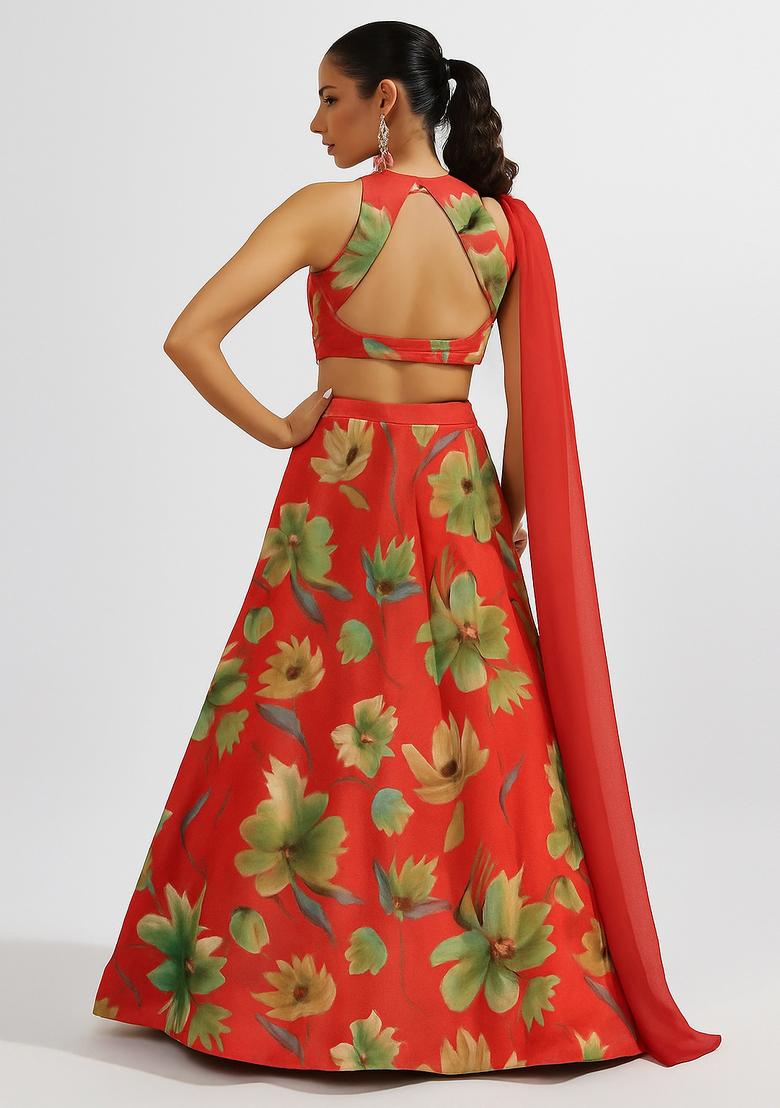 Orange Printed Tissue Shimmer Lehenga Set