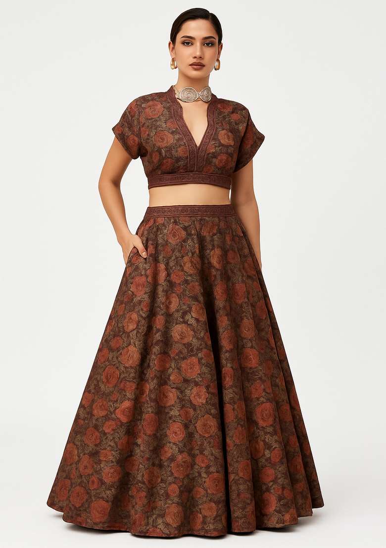 Brown Printed Tussar Lehenga Set - Indya
