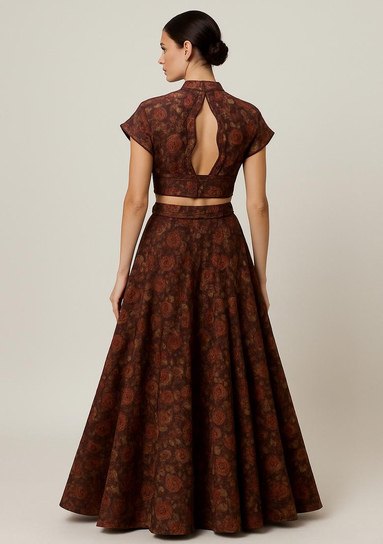 Brown Printed Tussar Lehenga Set - Indya