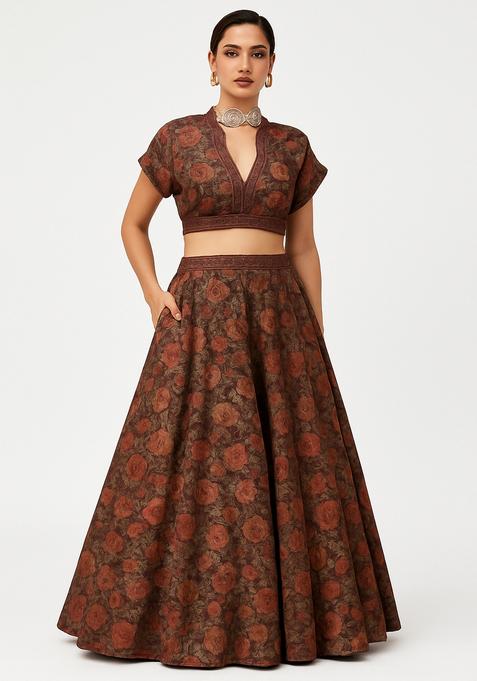 Brown Printed Tussar Lehenga Set