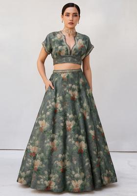 Grey Printed Tussar Lehenga Set