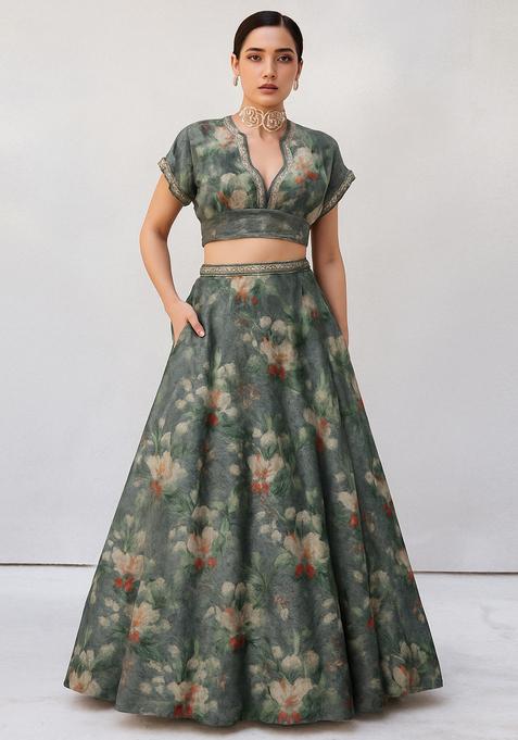 Grey Printed Tussar Lehenga Set