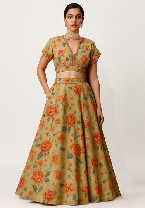 Beige Printed Tussar Lehenga Set
