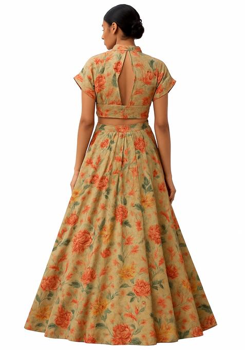 Beige Printed Tussar Lehenga Set